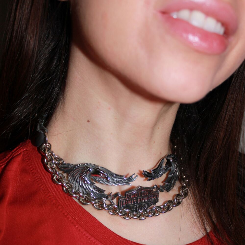 Harley-Davidson Silver Eagle Bar & Shield Leather Choker Necklace